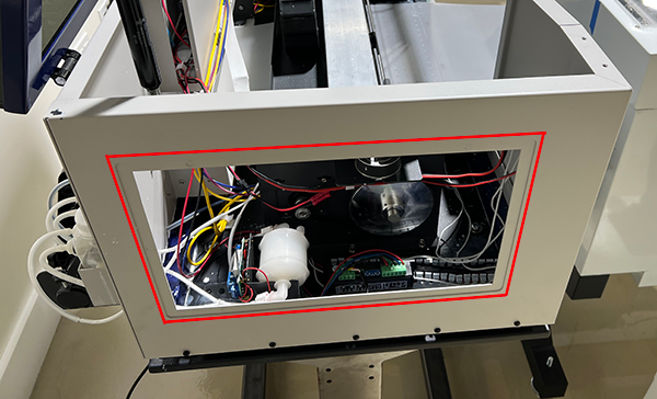 Left side of OmniDTF printer with left window panel removed.