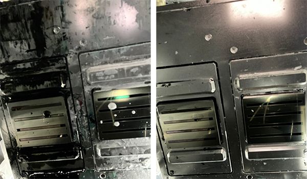 OmniDTF printhead plate before and after cleaning