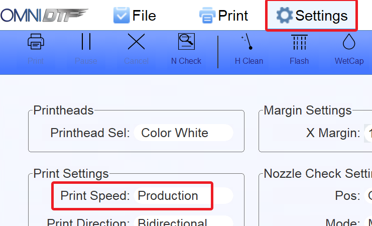 OmniDTF UI: Production Print Speed setting
