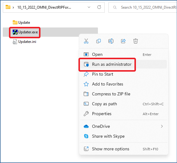 File Explorer with Updater.exe and Run as admin option.