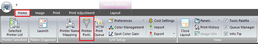 Printer Ports button on Home tab toolbar
